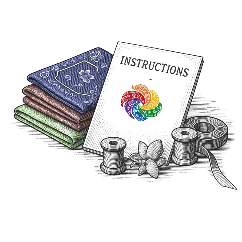A styled illustration of sewing or crafting supplies on a white background: a stack of folded patterned fabric pieces in blue, brown, and green, an open booklet labeled "INSTRUCTIONS" with a rainbow swirl logo, two thread spools, a ribbon, and a flower motif.