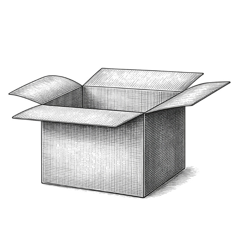 A black and white hand-drawn sketch of an open cardboard box with flaps, shown on a plain white background.