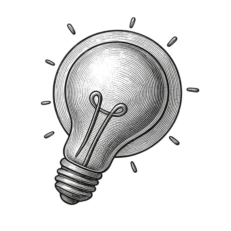A black and white hand-drawn sketch of a light bulb with radiating light lines, presented on a solid white background.