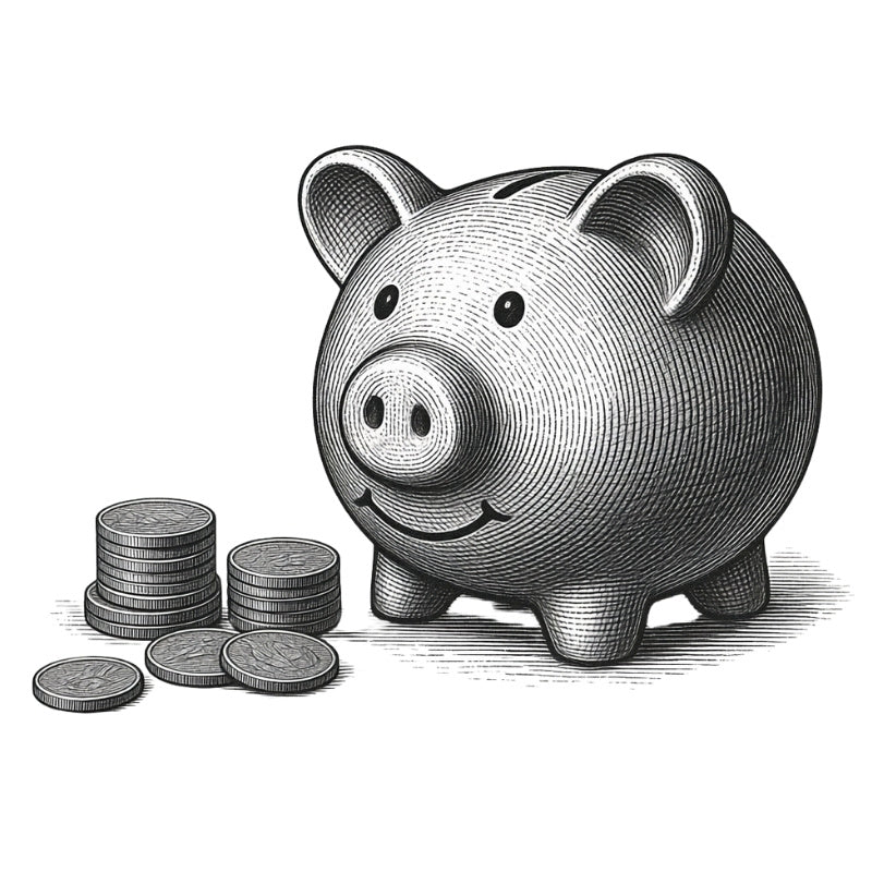 A black and white engraved-style illustration of a smiling piggy bank with several coins placed beside it on a plain white background.