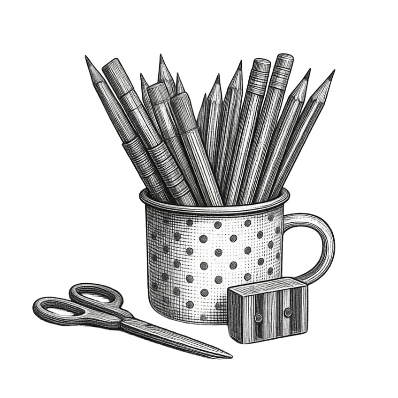 A print style illustration of a metal cup filled with pencils, with a pair of scissors and a pencil sharpener in front, on a plain white background.