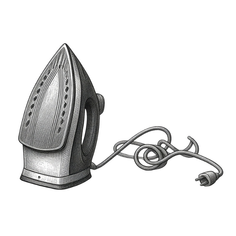 A black and white print style illustration of a steam iron with its cord coiled beside it, shown on a plain white background.