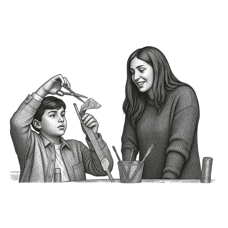 A print style illustration of a woman smiling while watching a kid making a craft by cutting fabric with scissors, set against a white background. 