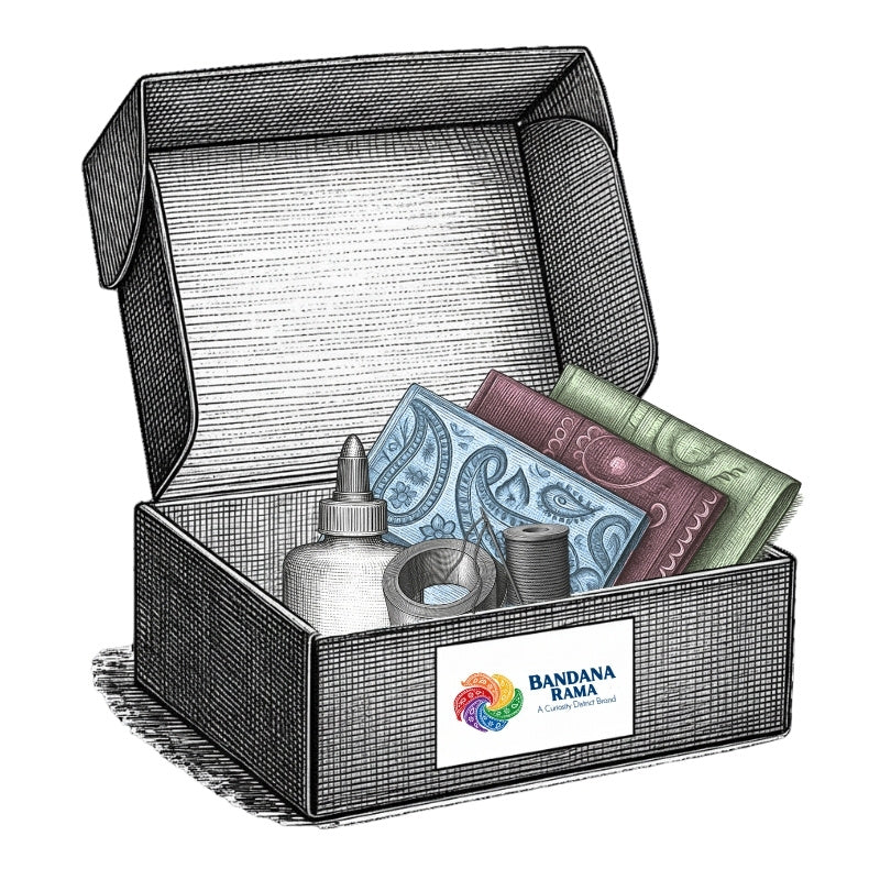 A print illustration featuring a Bandana Rama DIY kit open box with a blue, red and green paisley bandanas, ribbon, thread needle and glue. 
