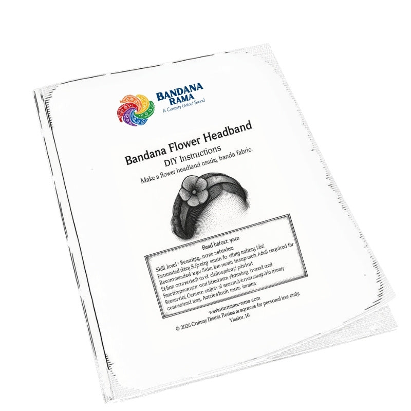 A stack of printed DIY instruction sheets for making a Bandana Flower Headband by Bandana Rama, shown on a plain white background.