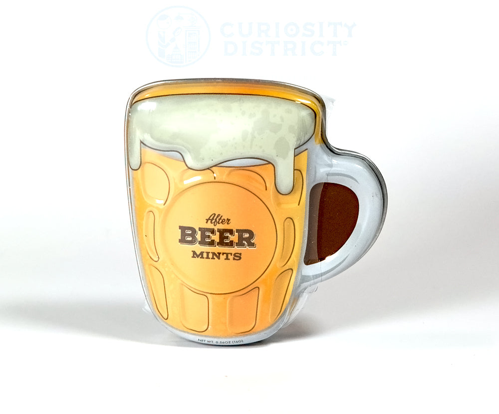 Mint tin box shaped like a glass of beer with 'After Beer Mints' text on a white background