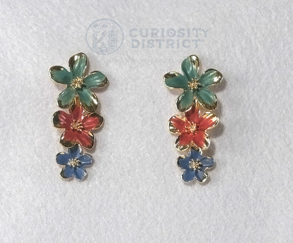 Colorful Enamel Flower Long Earrings Front View