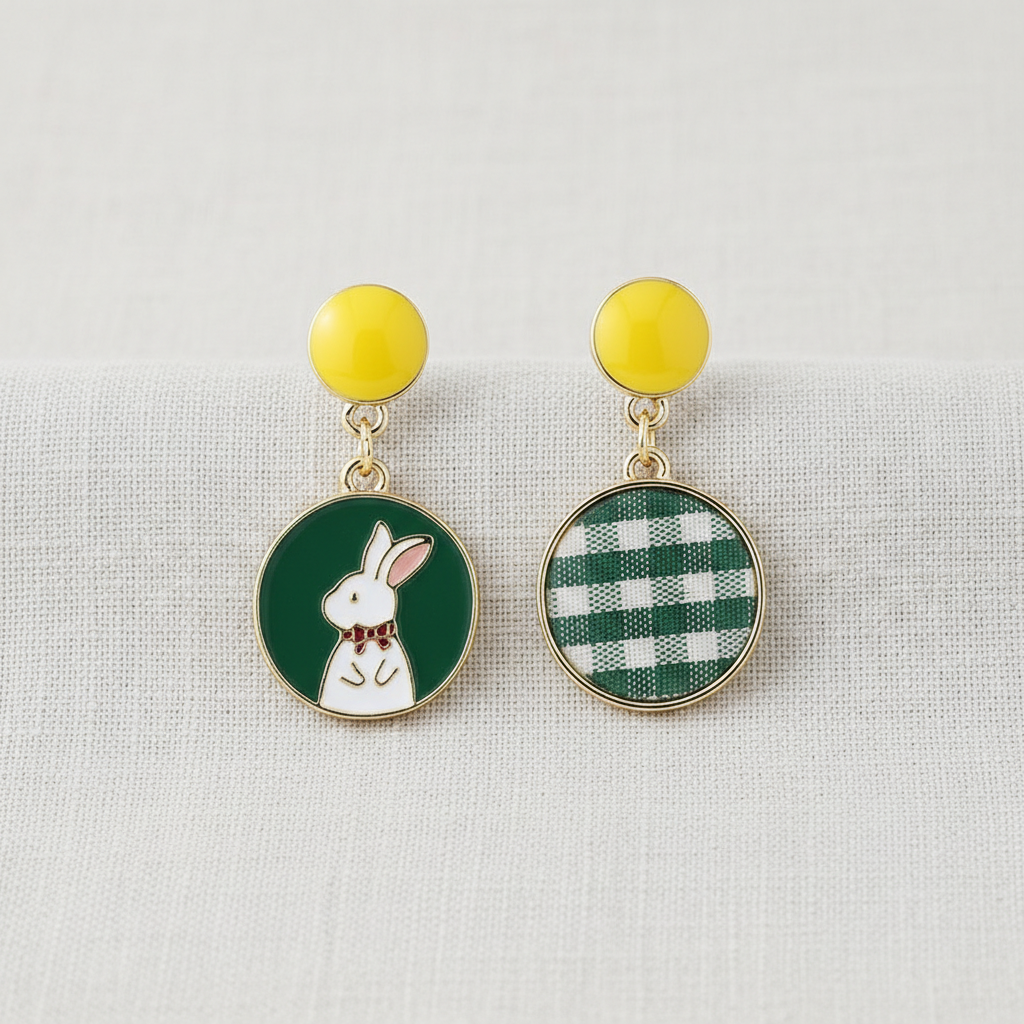 Colorful Rabbit Asymmetric Earrings Front View