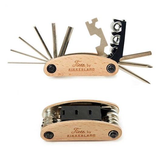 16-in-1 Wooden Multi-Tool showing all the tools open and closed