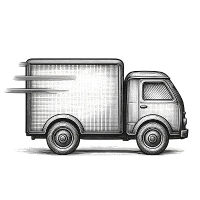 A black and white print illustration of a box truck, shown in profile against a plain white background.