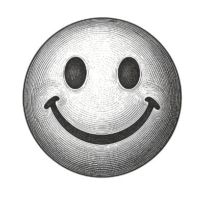 A black and white print illustration with a retro-style smiley face, set against a plain white background.