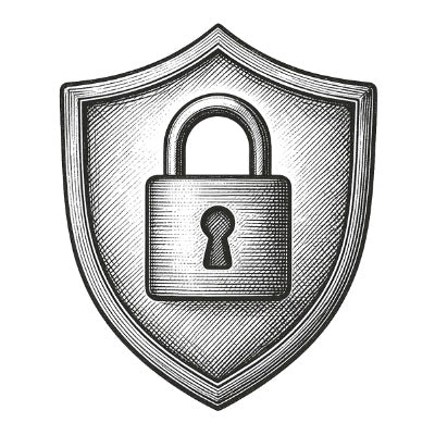 A black and white print illustration of a shield with a lock in the middle. 