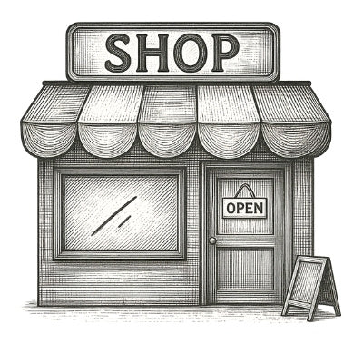 A black and white print illustration of a small shop storefront with a awning, window, door marked OPEN, and a sidewalk sign on a white background.