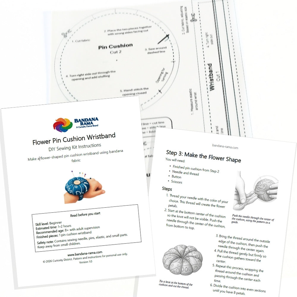 Flower Pin Cushion Wristband DIY Kit printed instructions and pattern pieces.