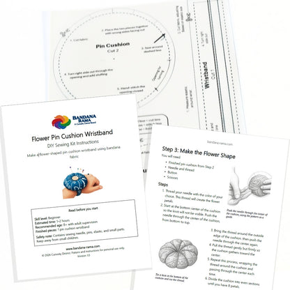 Flower Pin Cushion Wristband DIY Kit printed instructions and pattern pieces.