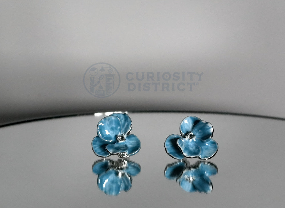 Floral Blue Petal Stud Earrings Back View with reflection on mirror