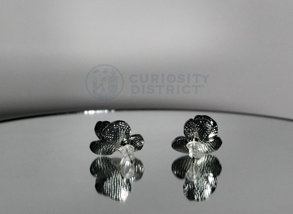 Floral Blue Petal Stud Earrings Back View with reflection on mirror