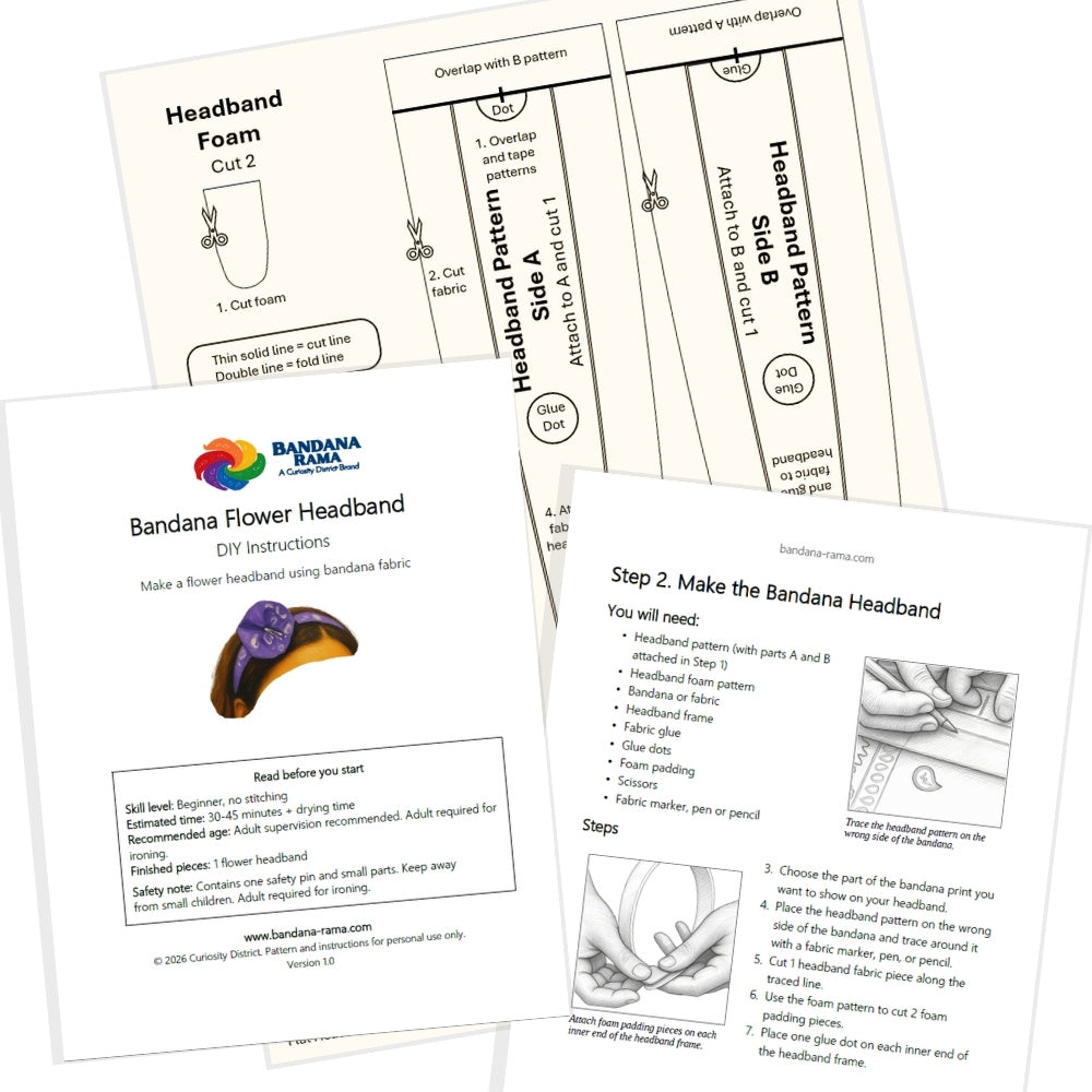Instructions booklet cover, sample page of the instruction's booklet, and sample page of printed patterns. 