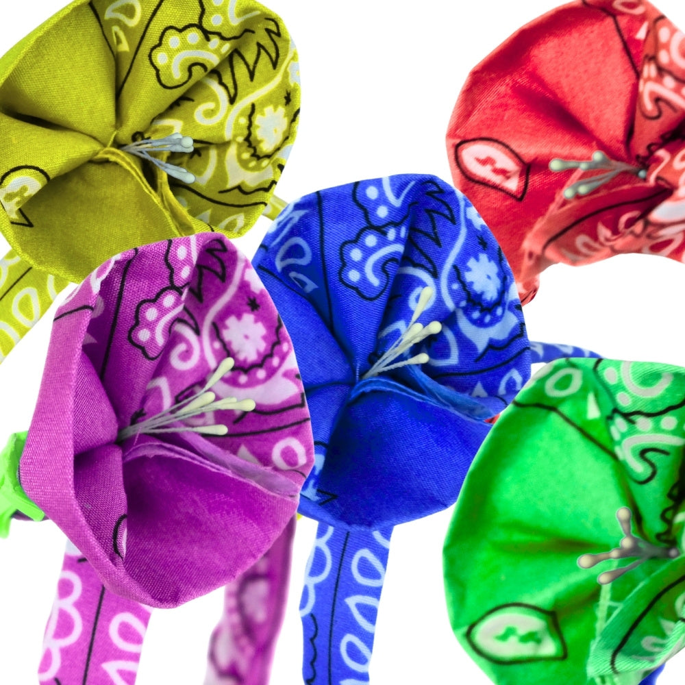 Bandana flower headbands of multiple colors: yellow, red, purple, blue and green. 