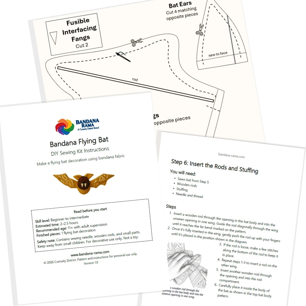 Printed Bandana Flying Bat sewing instructions and pattern sheets, including the bat wing, ear, fang, and body patterns.