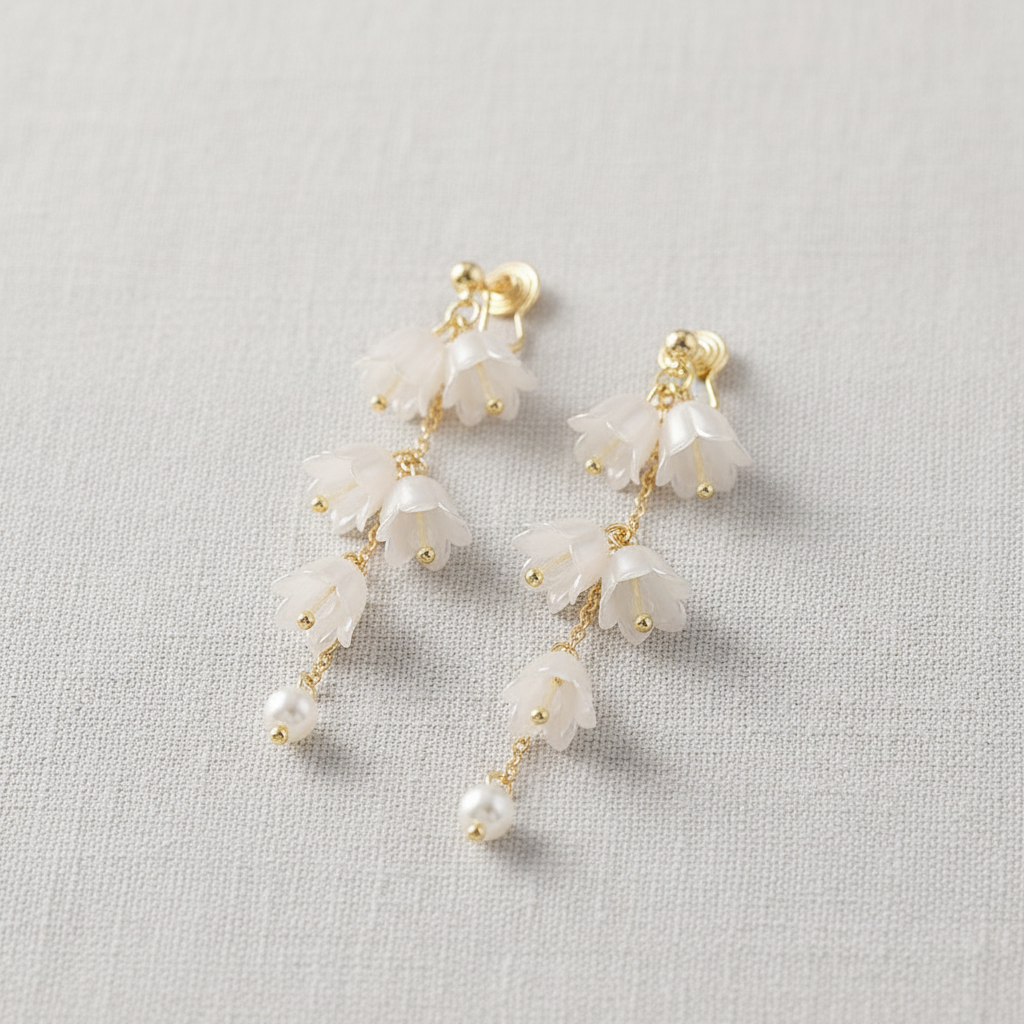 Lily of the Valley Tassel Earrings Front View Slightly Rotated