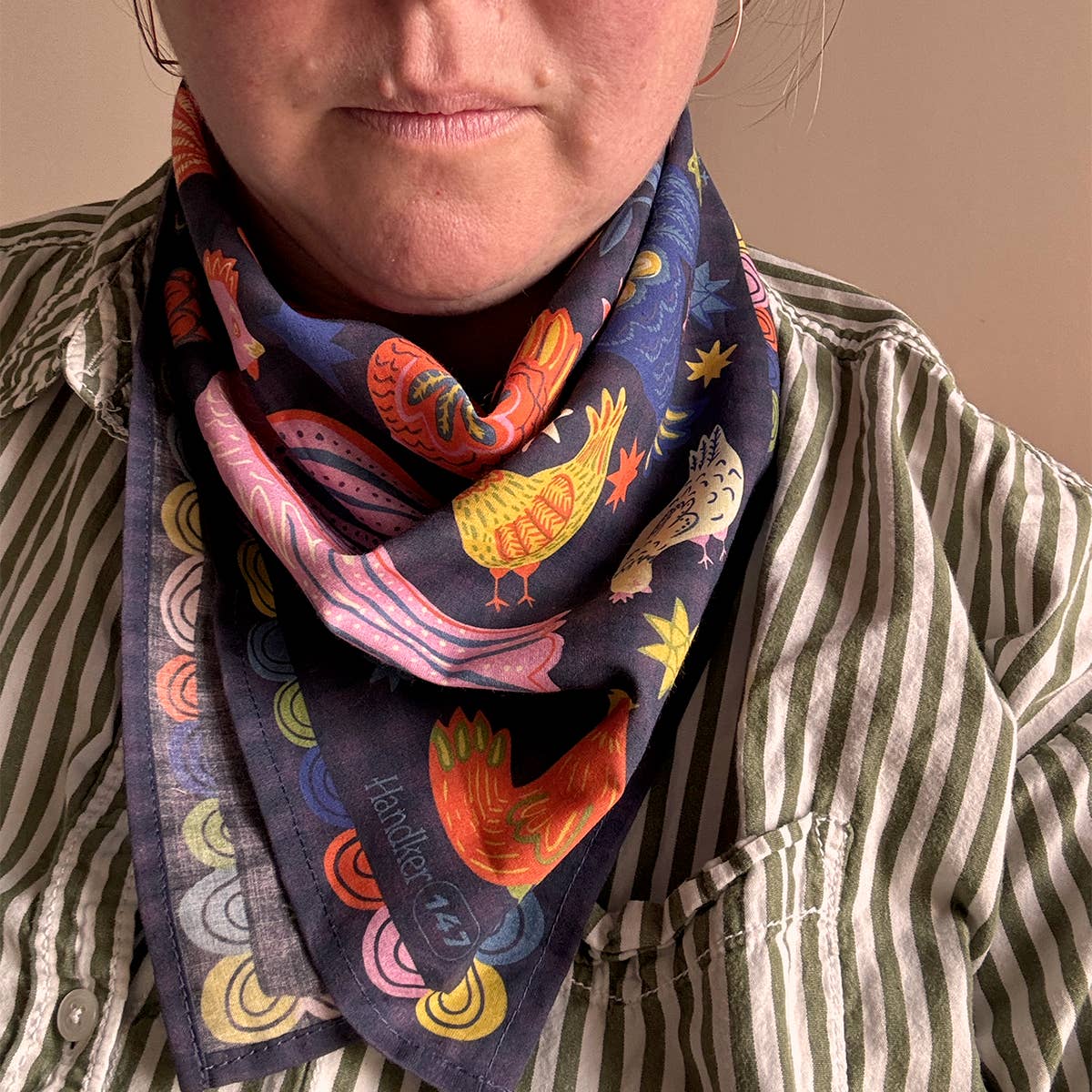 Woman wearing Matilda Bandana on her neck