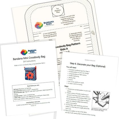 Several printed paper templates and instruction sheets for making a mini crossbody bag are arranged on a white background. The sheets show branding for Bandana Rama and include DIY instructions, a crossbody bag pattern side A, and a decorative bag section with step-by-step guidance.