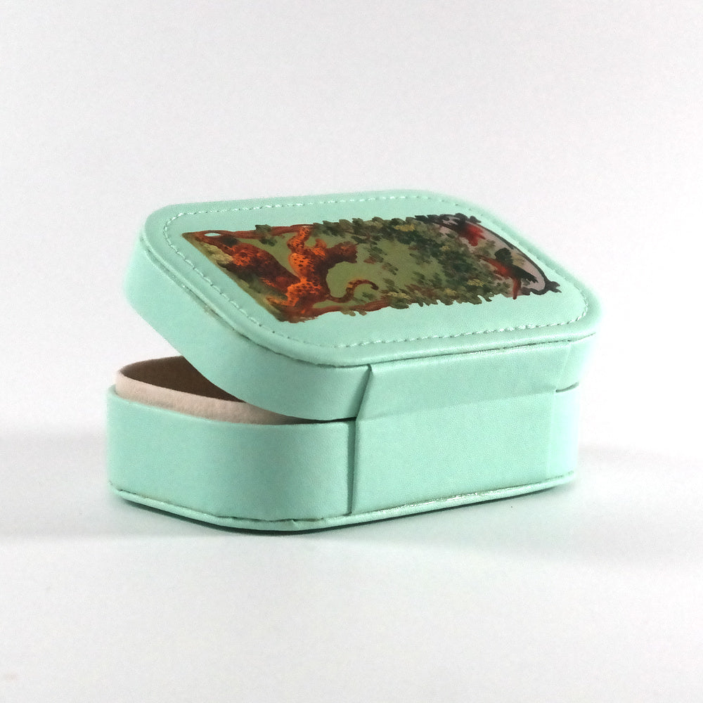 Miniature teal jewelry box with a button closure and a detail from Panthers of Bacchus Eating Grapes, pictured from the back. 