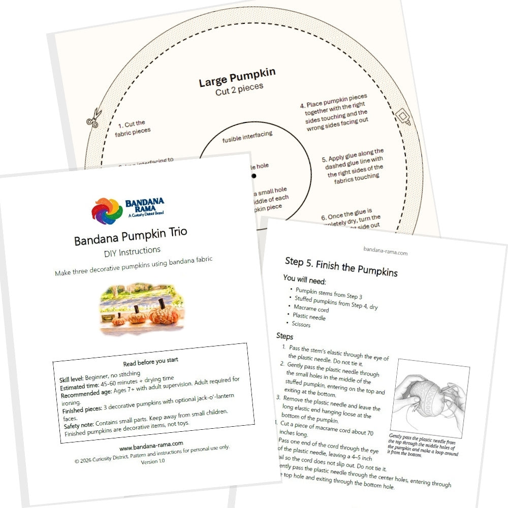 Printed patterns and instruction booklet included with the Bandana Pumpkin Trio DIY fall craft kit