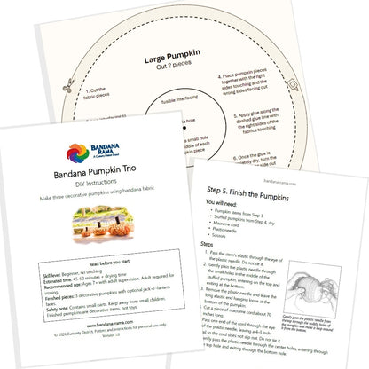 Printed patterns and instruction booklet included with the Bandana Pumpkin Trio DIY fall craft kit