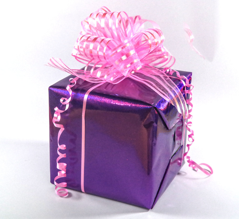 Purple gift box with a pink ribbon on a white background