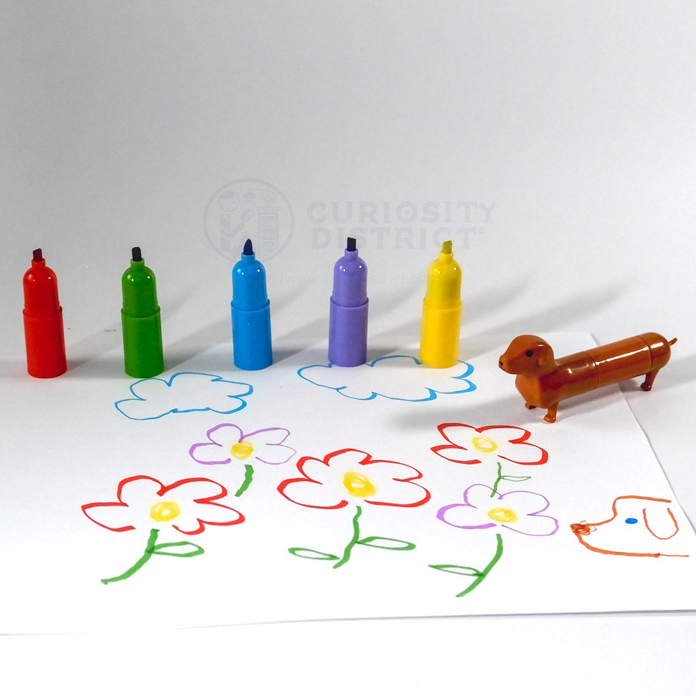 Image showing the Rainbow Dachshund Markers separated in front of a flower drawing