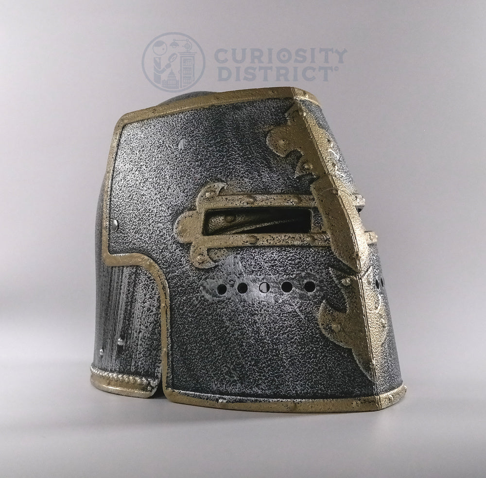 Metallic armor piece on a gray background with 'Curiosity District' branding.