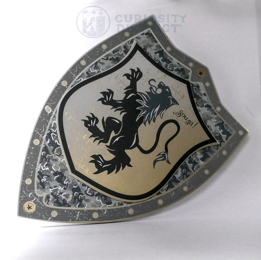 Decorative shield with a black lion emblem on a white background