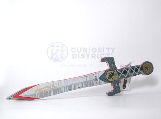 Decorative sword with a red blade and black handle on a white background, branded 'Curiosity District'.