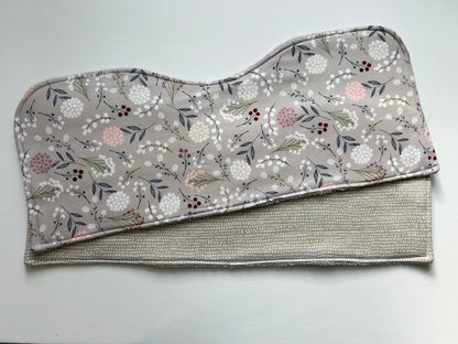 Image of the two Signature Burp Cloth with Grey Wildflowers design, extended. 