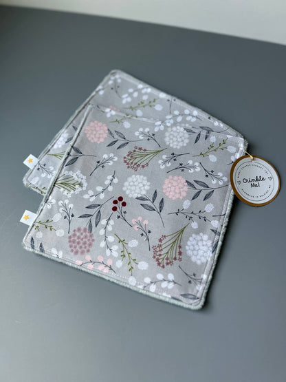 Front view of the Signature Minky Crinkle Sensory Toy, Grey Wildflowers design