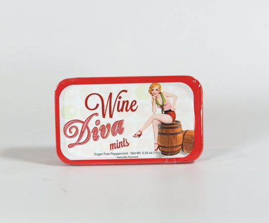 Pack of Wine Diva mints with a vintage-style design on a white background